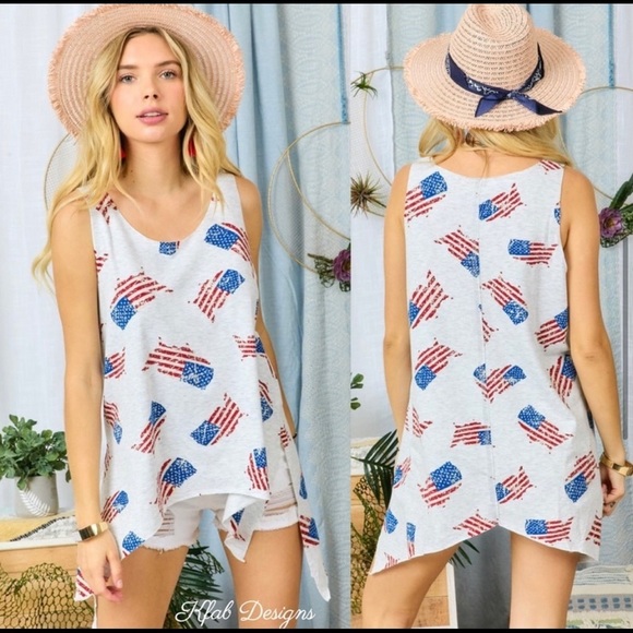 KFab Designs Tops - New! Sale 🔥 French Terry V Neck Flag Print Hi Lo Raw Hem Laser Cut Tank